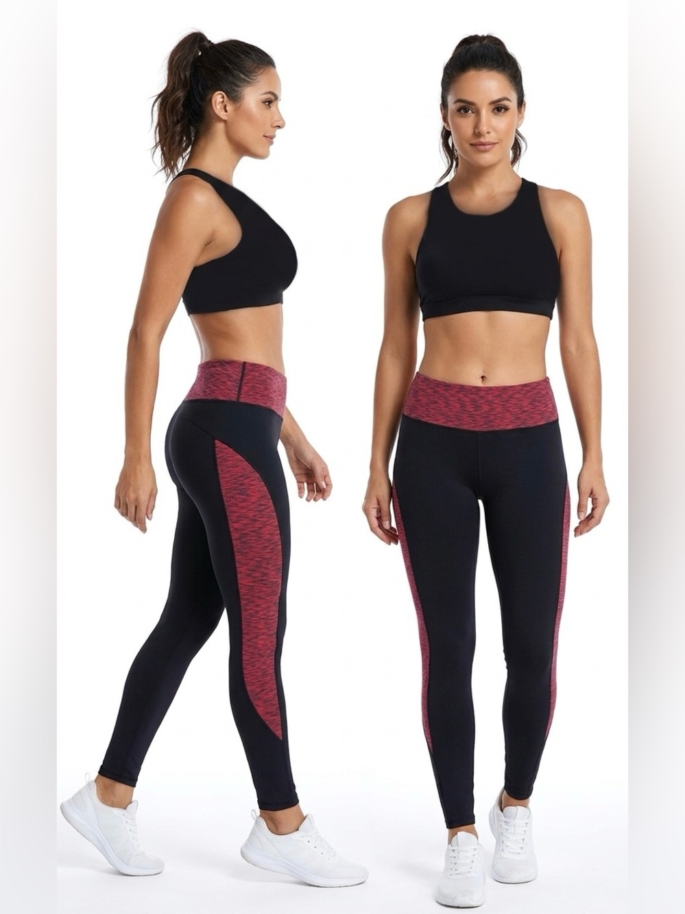High-Waist Black Leggings with Red Accent Panel